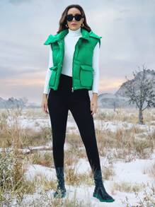 SHEIN LUNE Flap Pocket Hooded Puffer Vest Coat