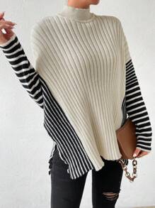 SHEIN Essnce 條紋圖案小高領落肩袖下擺開叉套頭毛衣 - 黑與白 - 查看 3