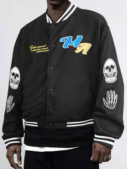 Prep Men's Black Skull Pattern Baseball Jacket