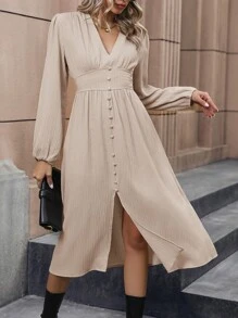 Solid Button Front Split Thigh A-line Dress - Apricot - View 1