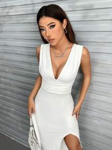 SHEIN PETITE 深V領高衩洋裝 - 白色 - 查看 3