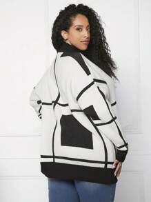 SHEIN CURVE+ 大碼格紋圖案落肩袖套頭毛衣 - 黑與白 - 查看 3