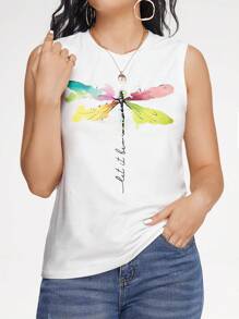 SHEIN Unity 蜻蜓&字母圖案背心上衣 - 白色 - 查看 1