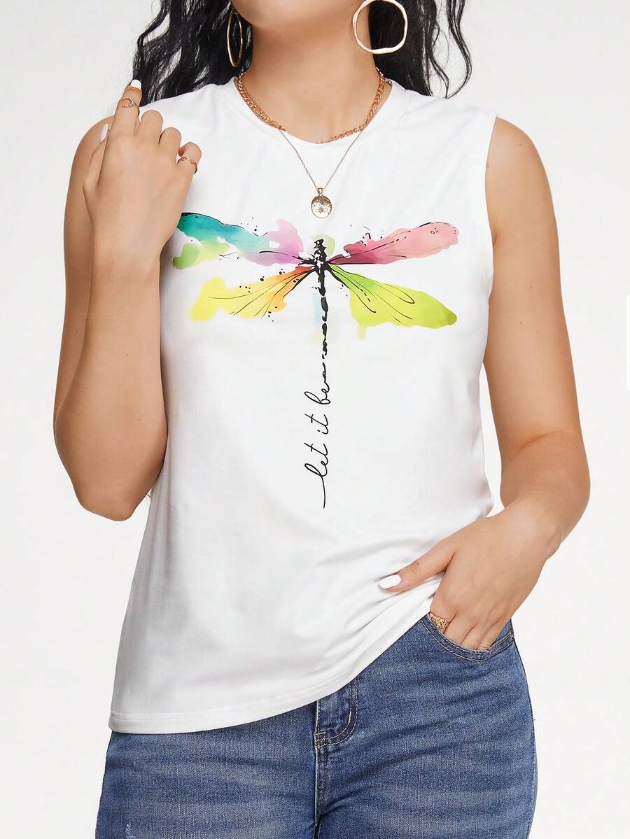 SHEIN Unity 蜻蜓&字母圖案背心上衣 - 白色 - 查看 1