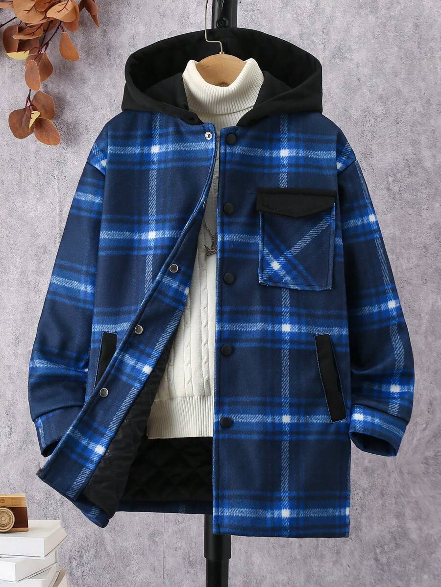 Tween Boy Plaid Print Hooded Overcoat Without Sweater - Blue and White - View 1