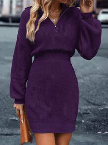 SHEIN Clasi Khóa kéo một phần tư Thả vai Đầm Áo len - Màu tím - Xem 6
