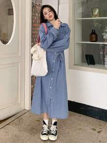 DAZY Solid Button Through Belted Denim Dress,Fall Clothes - Blue - View 3