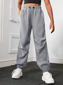 Joggers de cintura con cordón de unicolor con ajuste holgado para chicas adolescentes - Gris Claro - Ver 3