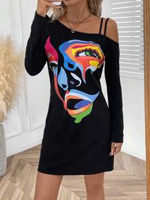 SHEIN LUNE Figure Graphic Asymmetrical Neck Tee Dress - Black - View 5