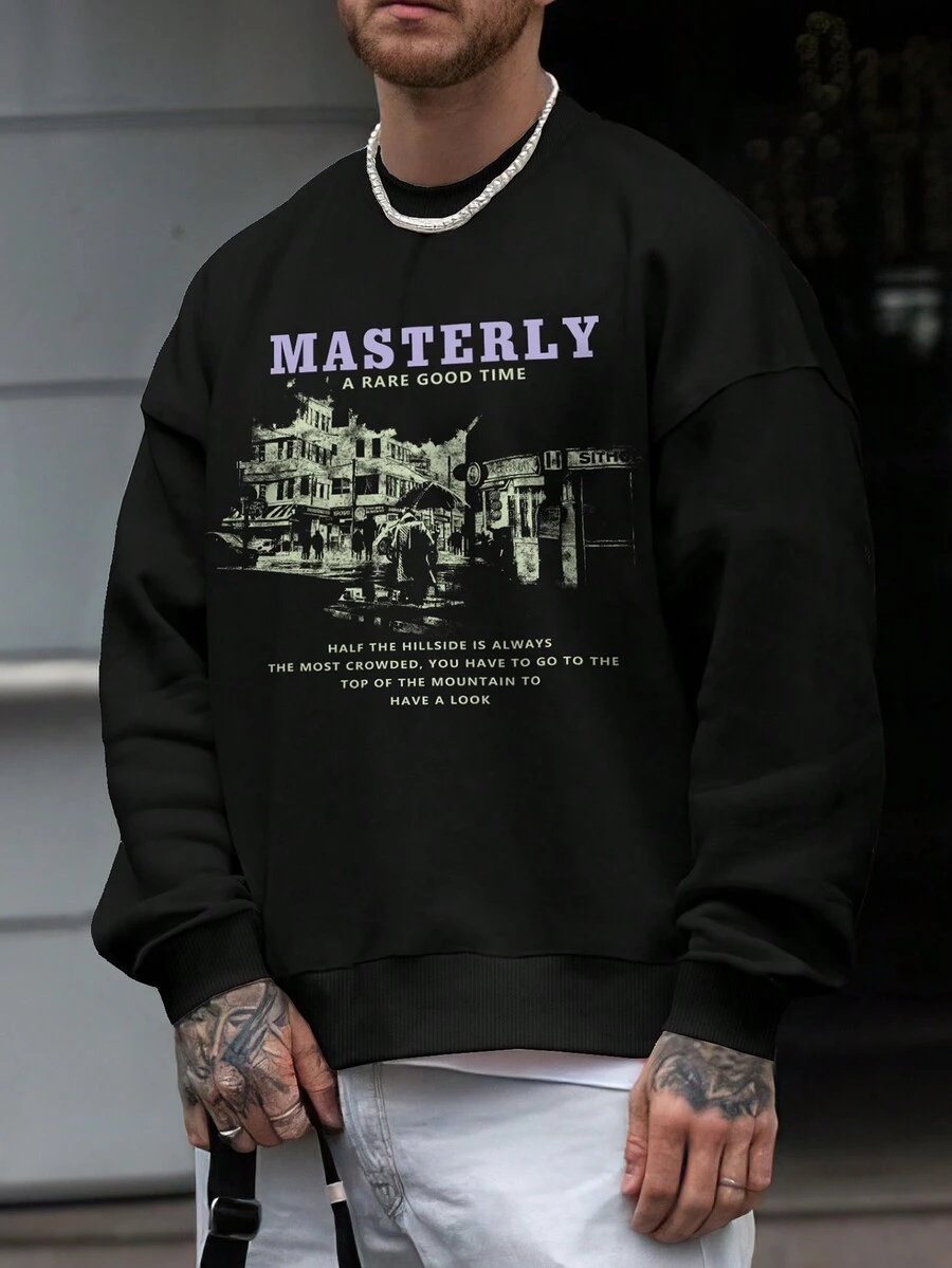 Manfinity Homme Loose Fit Men's Slogan Graphic Drop Shoulder Pullover Sweatshirt - Black - View 1