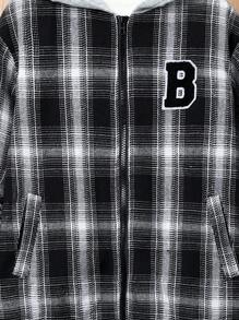 SHEIN 男大童格紋印花字母貼布加絨內裏連帽外套不帶T恤 - 黑與白 - 查看 7