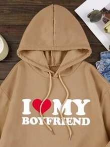 SHEIN EZwear Heart & Slogan Graphic Kangaroo Pocket Drawstring Thermal Hoodie - Khaki - View 5