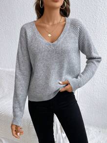 SHEIN LUNE Suéter de mangas raglán sólido, blusas de manga larga - Gris - Ver 4