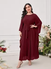 Modelyn Burgundy Red Plus Solid Pleated Belted Dress - Burgundy - View 5
