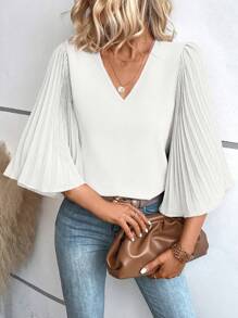 SHEIN VCAY Chất rắn Xếp li Tay áo kèn  Cổ v Áo sơ mi - trắng - Xem 5