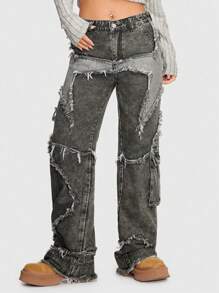 ROMWE Grunge Punk Raw Trim Flap Pocket Side Cargo Boy Friend Jeans, School