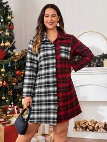 SHEIN LUNE Talla grande Vestido camisero con estampado de cuadros de color combinado - Multicolor - Ver 3