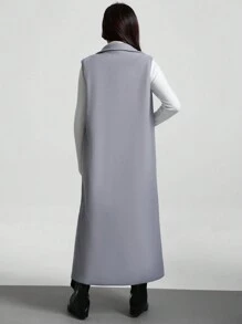 SHEIN Unity Lapel Neck Sleeveless Belted Longline Overcoat - Grey - View 2