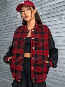 SHEIN EZwear Plaid & Letter Graphic Drop Shoulder Two Tone Jacket - Red - View 4