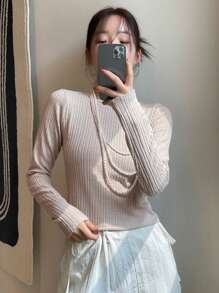 DAZY Solid Cut Out Front Tee Long Sleeve Women Tops - Khaki - View 3