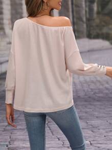 SHEIN LUNE Chất rắn Áo thun Thả vai - Màu be - Xem 2