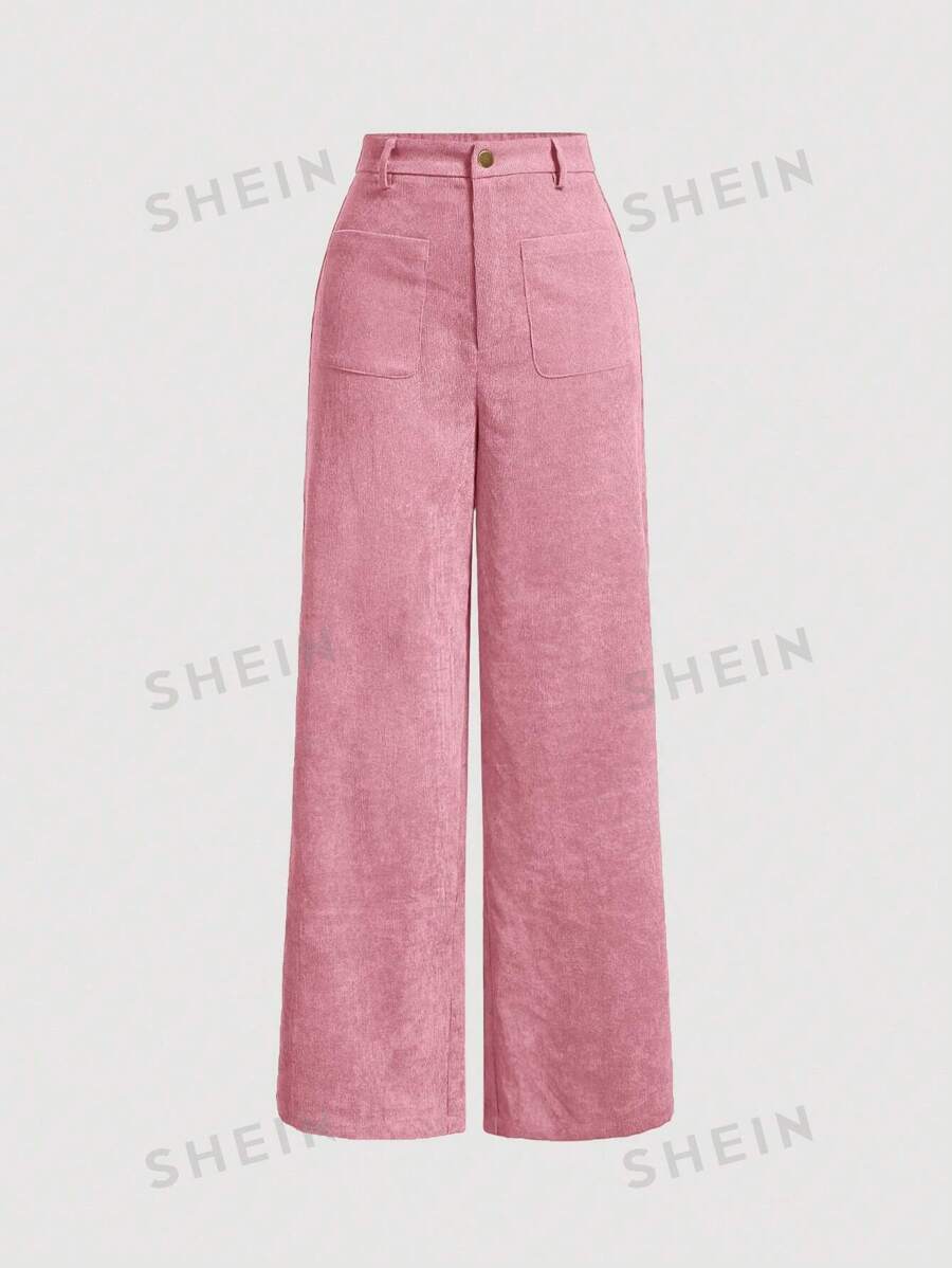 SHEIN MOD Solid Patch Pocket Corduroy Wide Leg Pink Spring Pants ...