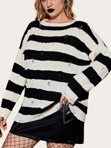 SHEIN EZwear Plus Striped Pattern Drop Shoulder Ripped Sweater