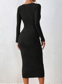 SHEIN Unity Sweetheart Neck Ribbed Knit Sweater Dress Fall Winter Cloth For Women - Black - View 2