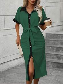 SHEIN Clasi Viền tương phản tay cánh Thắt lưng Váy sơ mi - màu xanh lá - Xem 5