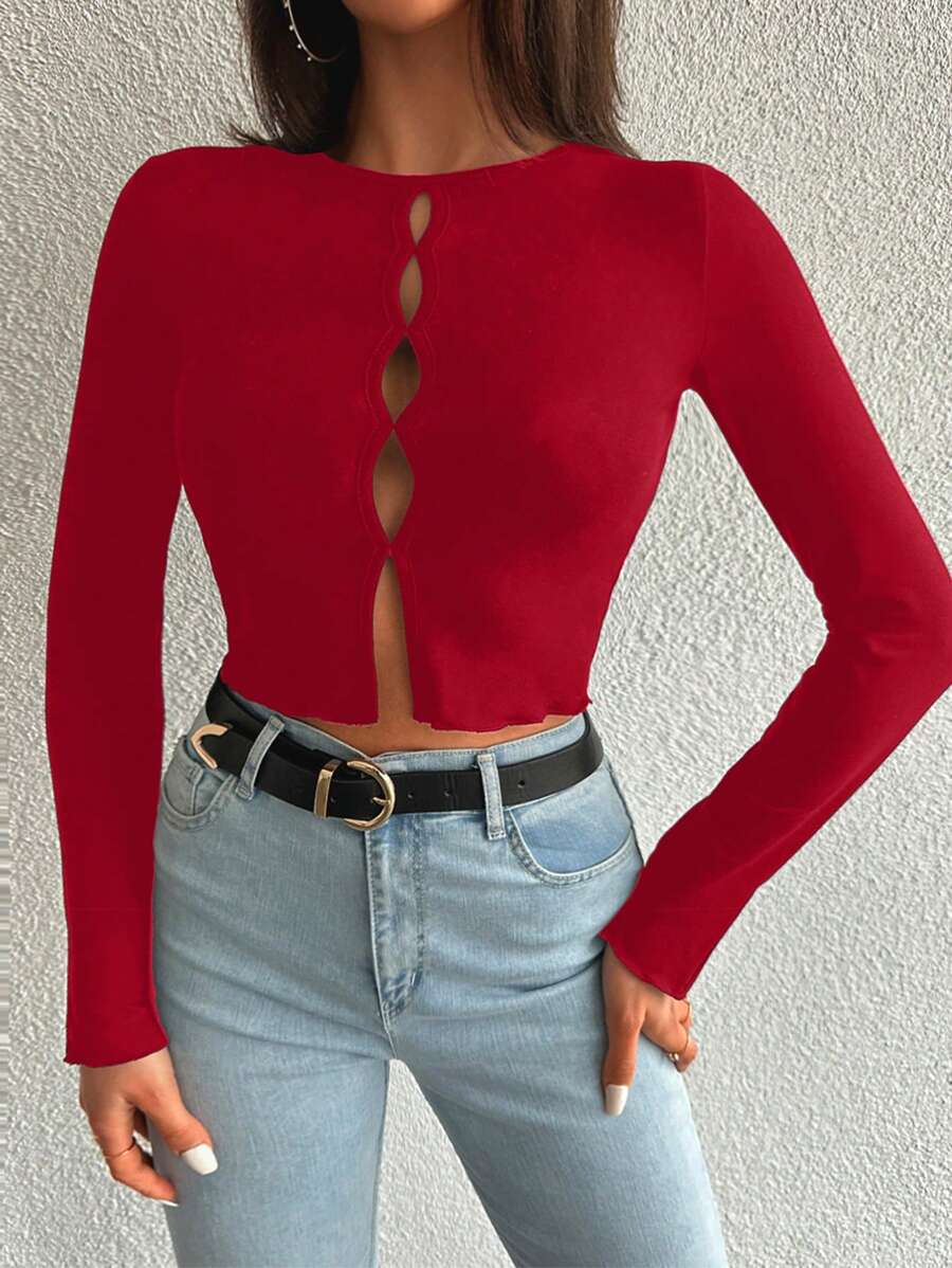 EURMUSE Cut Out Front Crop Tee - Red - View 1