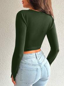 EURMUSE Cut Out Button Front Crop Tee - Khaki - View 2