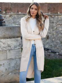 SHEIN LUNE Solid Button Front Dual Pocket Cardigan - Beige - View 1