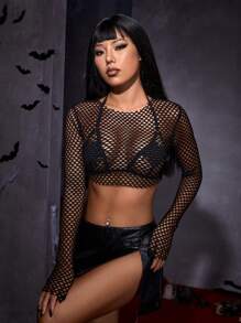 SHEIN ICON Halloween Hollow Out Fishnet Crop Top Without Bra - Black - View 2
