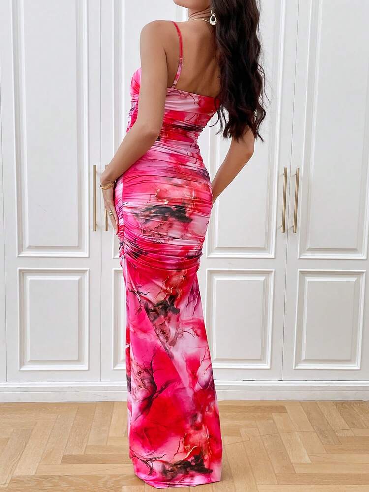 Marble Print Ruched Side Cami Dress