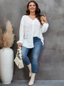 SHEIN LUNE Plus Lantern Sleeve Button Front Blouse - White - View 6