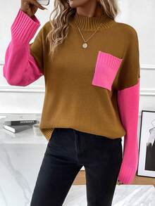 SHEIN Essnce 雙色補丁貼口袋落肩袖小高領下擺開叉套頭毛衣 - 卡其色 - 查看 3