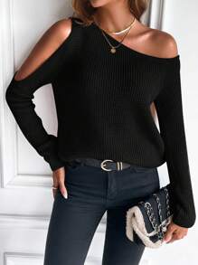 SHEIN LUNE 纯色不对称领口露肩针织套头衫秋冬毛衣 - 黑色 - 查看 6