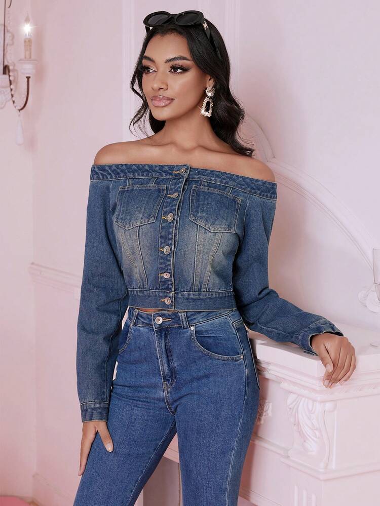 Off Shoulder Button Front Denim Jacket