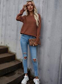 EMERY ROSE Solid Drop Shoulder Knit Pullover Fall Winter Sweater - Brown - View 4