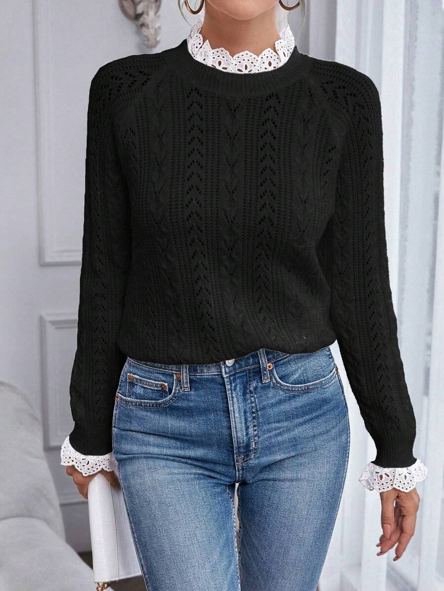 Chiquease Suéter de punto con manga raglán y encaje en contraste para otoño e invierno - Negro - Ver 1