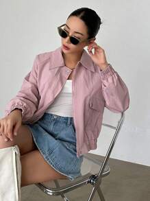 DAZY Flap Pocket Drop Shoulder Zip Up Jacket - Pink - View 1