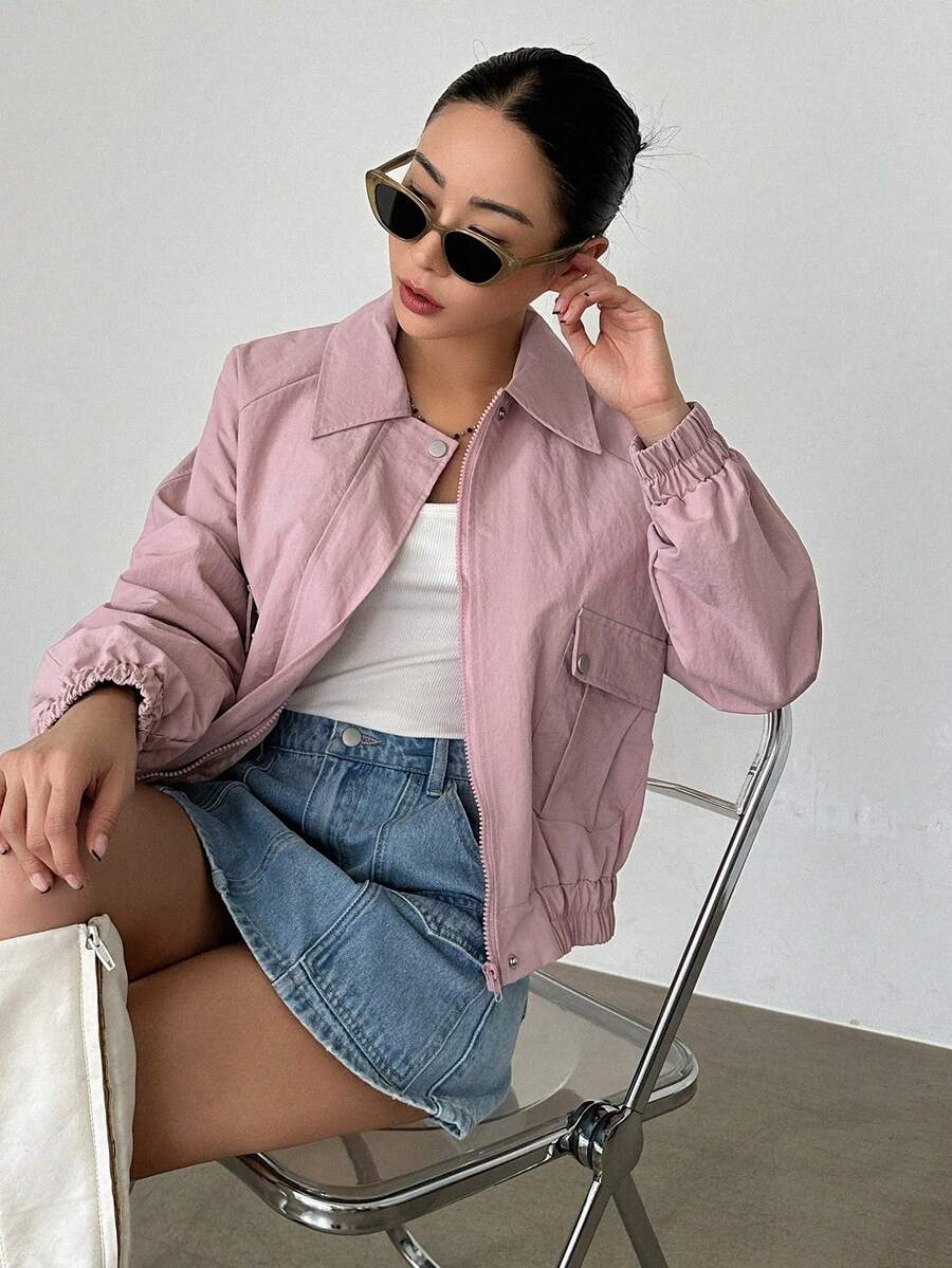 DAZY Flap Pocket Drop Shoulder Zip Up Jacket - Pink - View 1