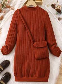 SHEIN 女大童素色小高領洋裝&包 - 卡其色 - 查看 1