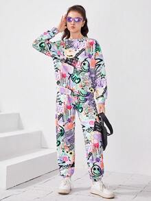 Teen Girl Graffiti Print Pullover & Sweatpants - Mauve Purple - View 3