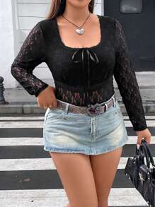 Flirla Plus Knot Front Lace Top - Black - View 5