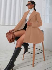 SHEIN LUNE Cổ áo thác nước Nút đôi Áo khoác - Màu Khaki - Xem 5