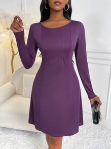 SHEIN Lady Solid Scoop Neck A-line Dress - Purple - View 1