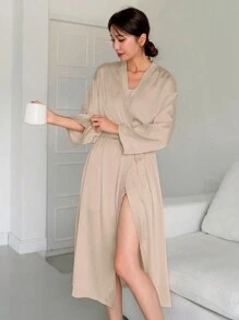 DAZY Solid Belted Wrap Robe Pajama Fall,Winter - Khaki - View 4