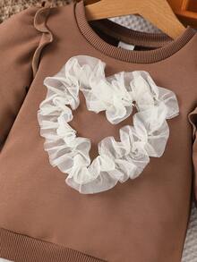 Baby Girl Contrast Mesh Ruffle Trim Lantern Sleeve Sweatshirt - Brown - View 5