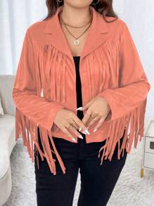 Calvaya Plus Fringe Trim Open Front Jacket - Dusty Pink - View 1